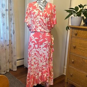 Lane Bryant Pink Tropical Print Flutter Sleeve Ruffled Wrap Dress Size 22 NWT